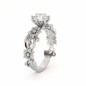 Moissanite Engagement Ring 14K White Gold Ring Unique Flower Ring