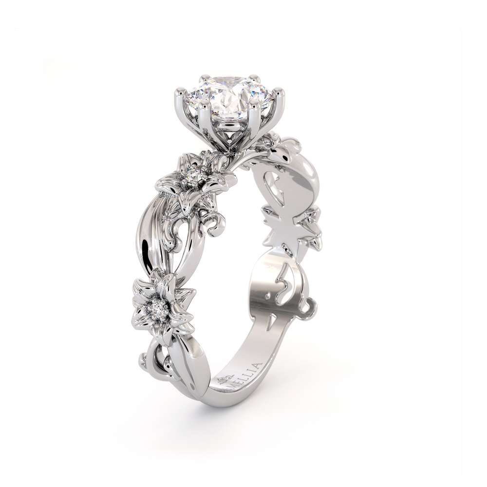 Moissanite Engagement Ring 14K White Gold Ring Unique Flower Ring