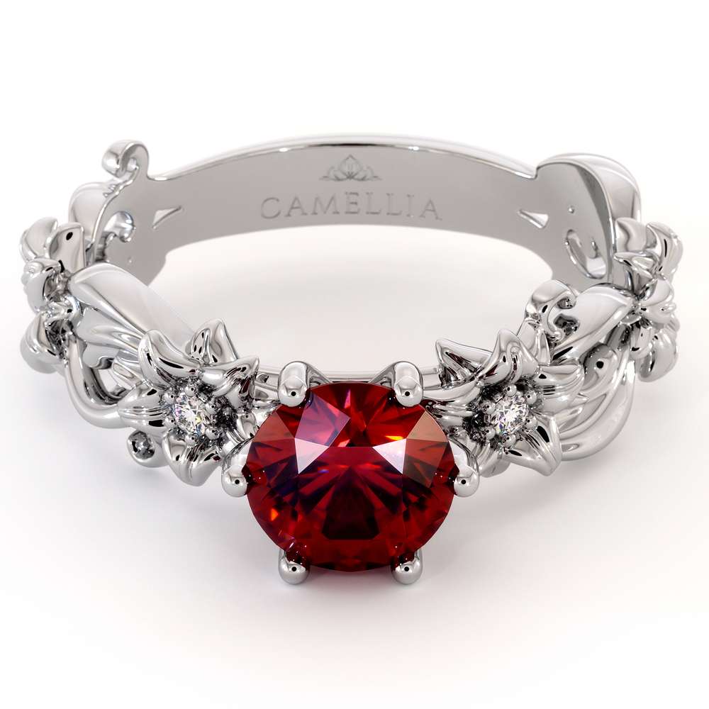 Ruby Engagement Ring 14K White Gold Ring Unique Flower Ring 6 Ruby Engagement Ring 14K White Gold Ring Unique Flower Ring