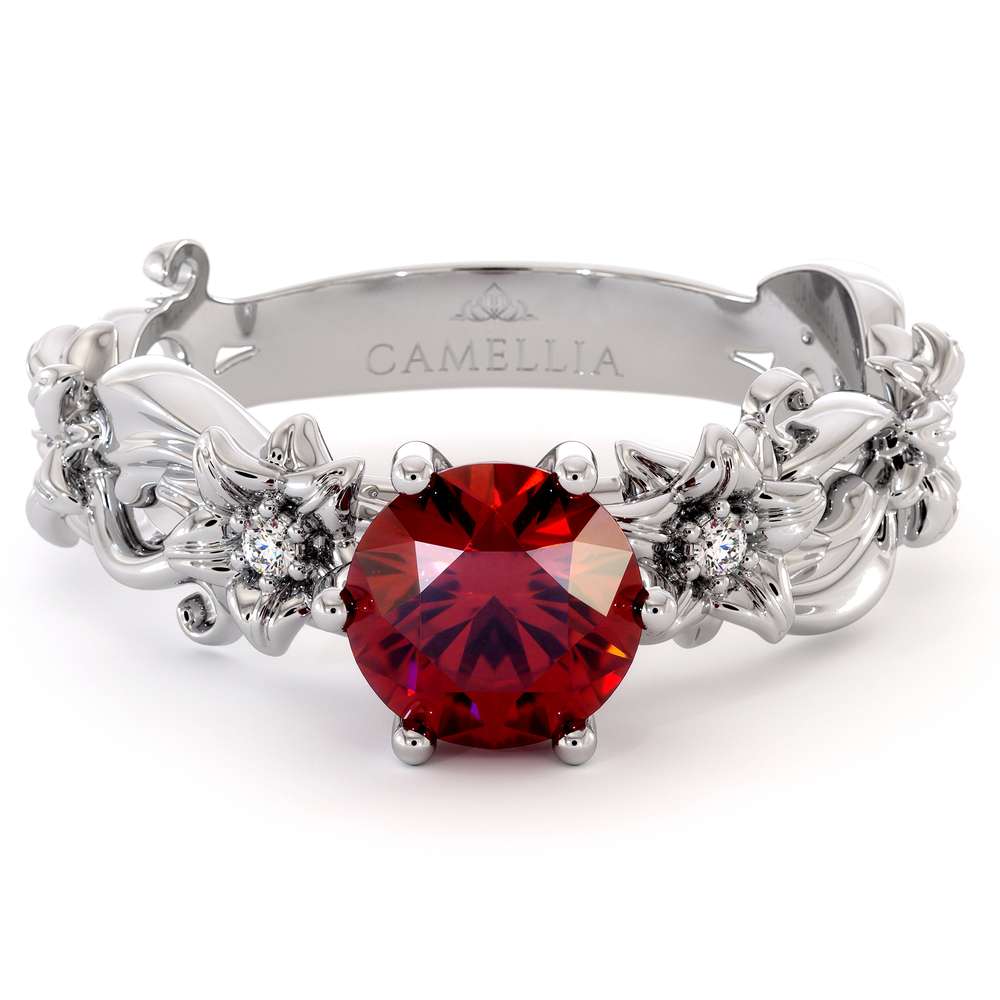 Ruby Engagement Ring 14K White Gold Ring Unique Flower Ring 3 Ruby Engagement Ring 14K White Gold Ring Unique Flower Ring