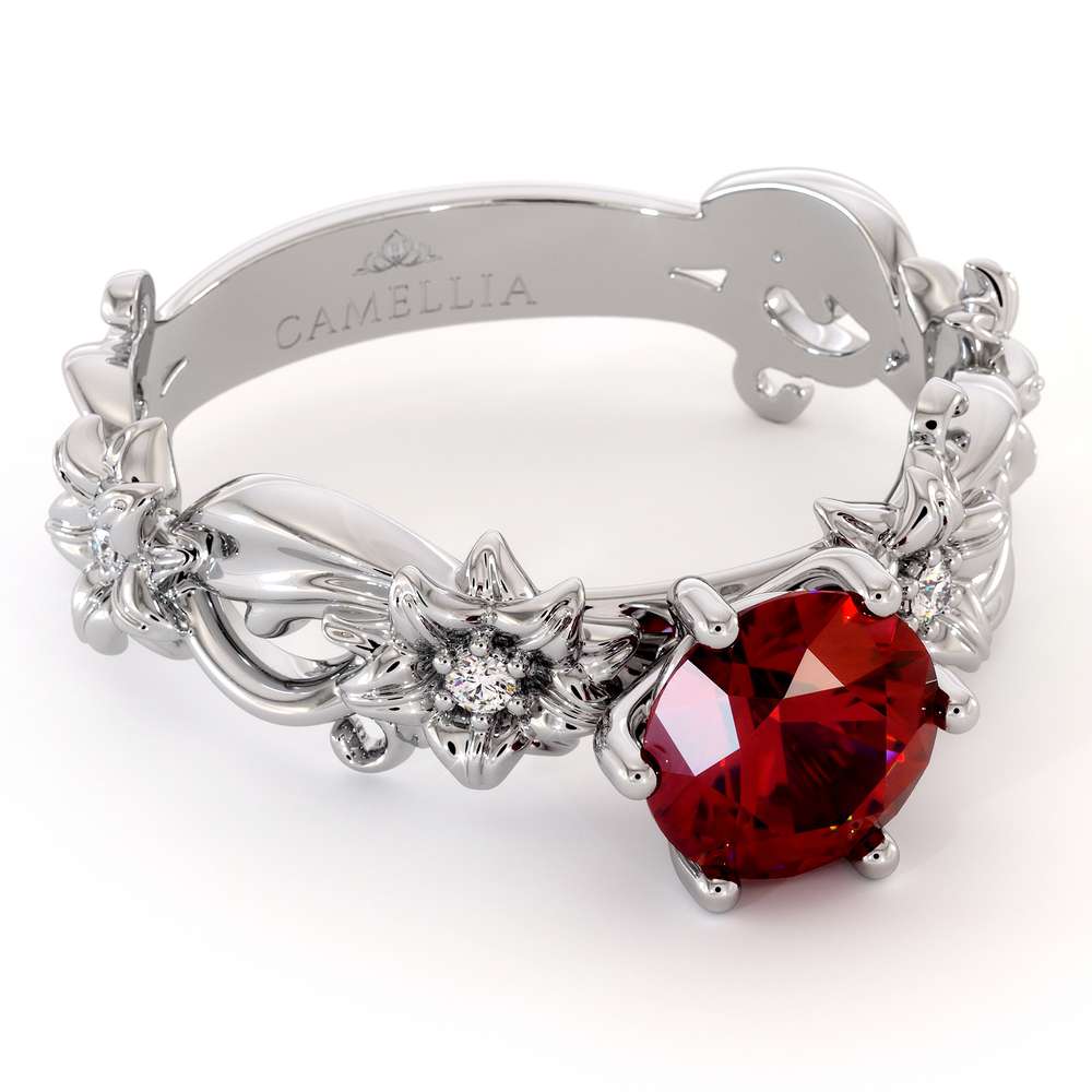Ruby Engagement Ring 14K White Gold Ring Unique Flower Ring 4 Ruby Engagement Ring 14K White Gold Ring Unique Flower Ring