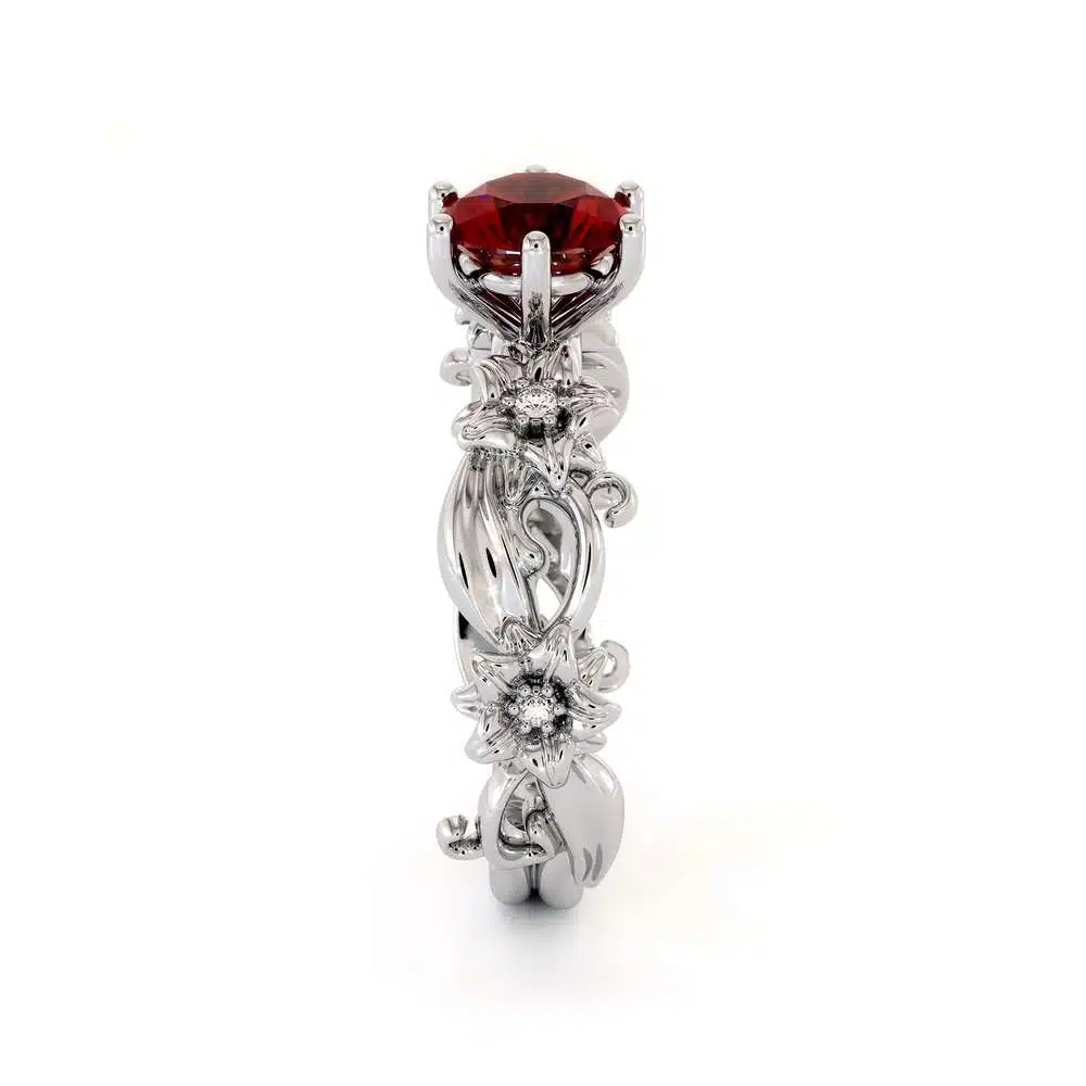 Ruby Engagement Ring 14K White Gold Ring Unique Flower Ring 2 Ruby Engagement Ring 14K White Gold Ring Unique Flower Ring