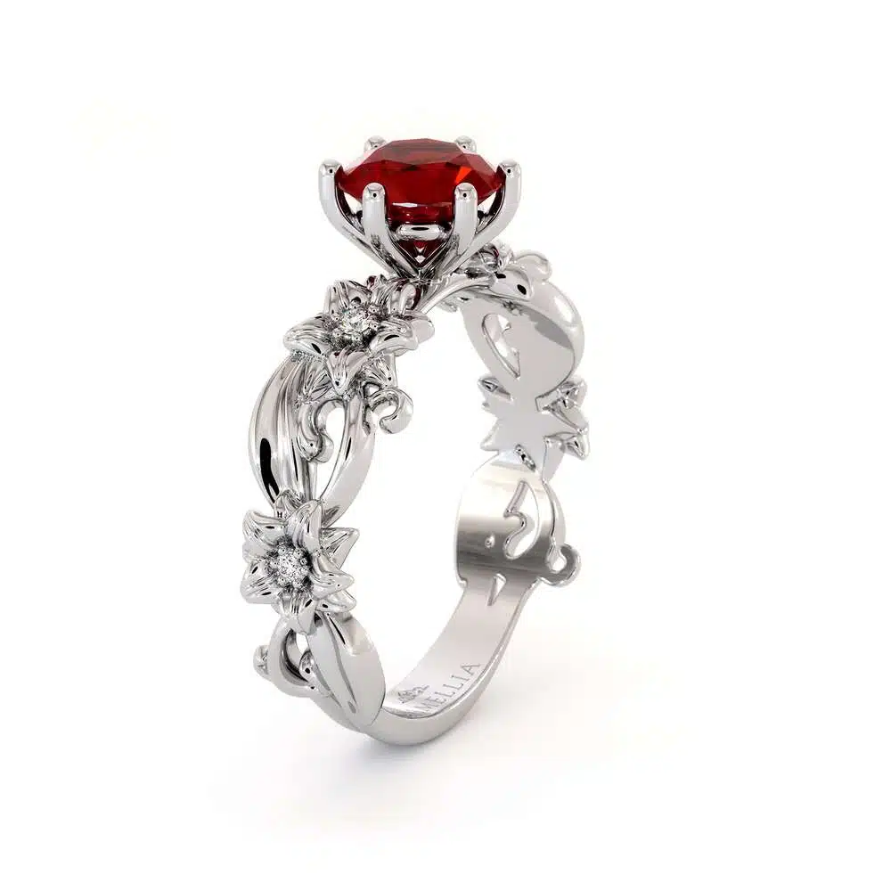 Ruby Engagement Ring 14K White Gold Ring Unique Flower Ring 1 Ruby Engagement Ring 14K White Gold Ring Unique Flower Ring