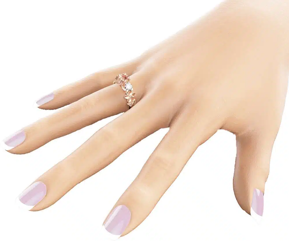 Three Stone ring 14K Rose Gold Morganite Ring Moissanite Engagement Ring Unique 3-Stone Diamond Ring