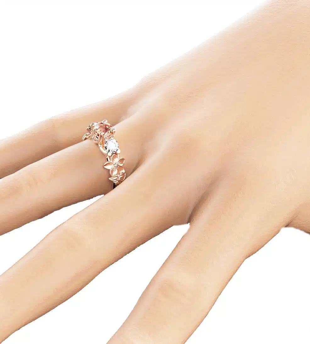 Three Stone ring 14K Rose Gold Morganite Ring Moissanite Engagement Ring Unique 3-Stone Diamond Ring