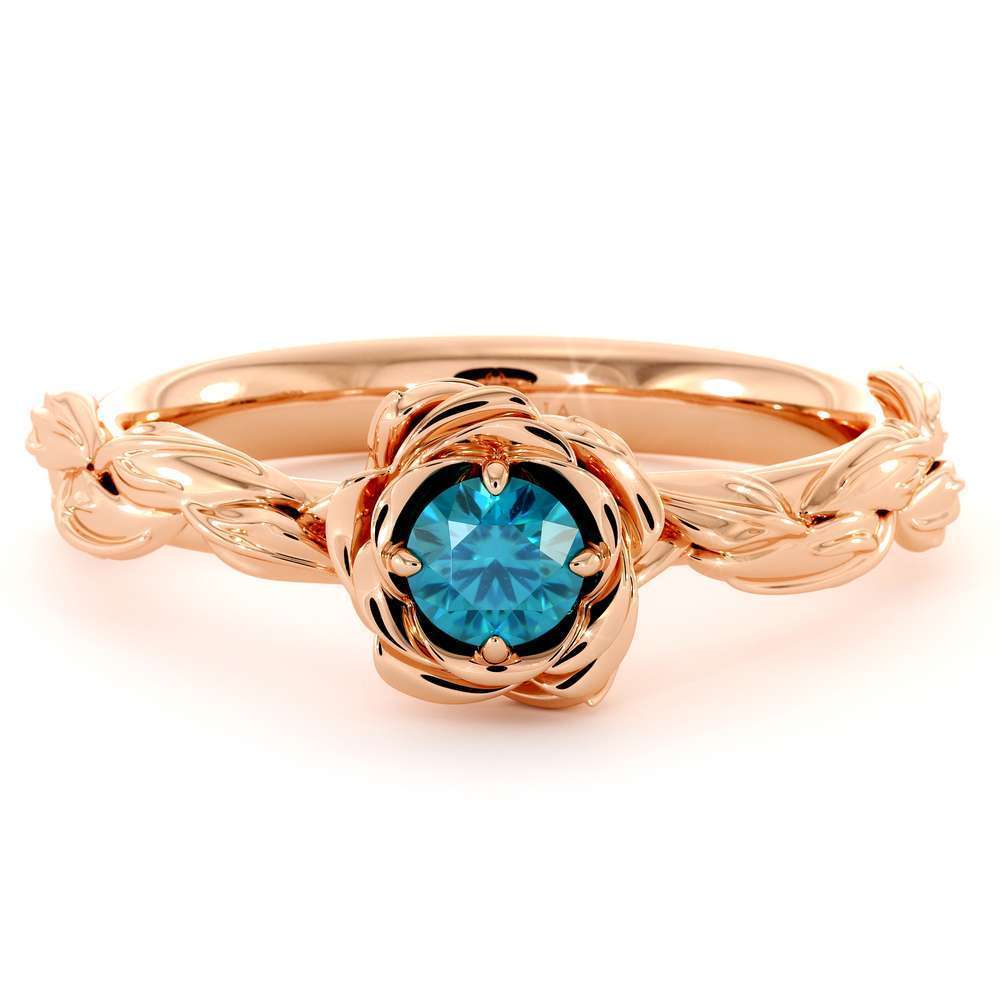 Diamond Engagement Ring Blue Diamond Flower Engagement Ring Rose Gold Leaf Ring Solitaire Diamond Ring