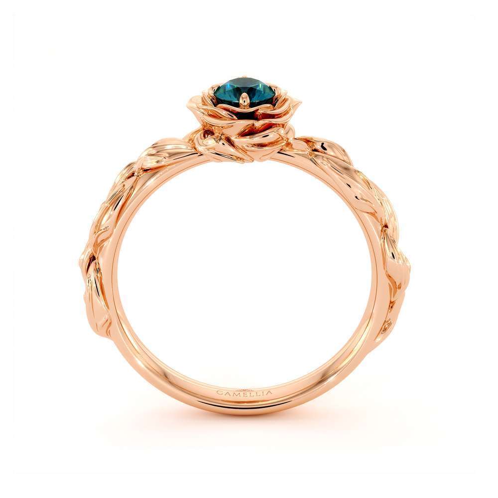 Diamond Engagement Ring Blue Diamond Flower Engagement Ring Rose Gold Leaf Ring Solitaire Diamond Ring