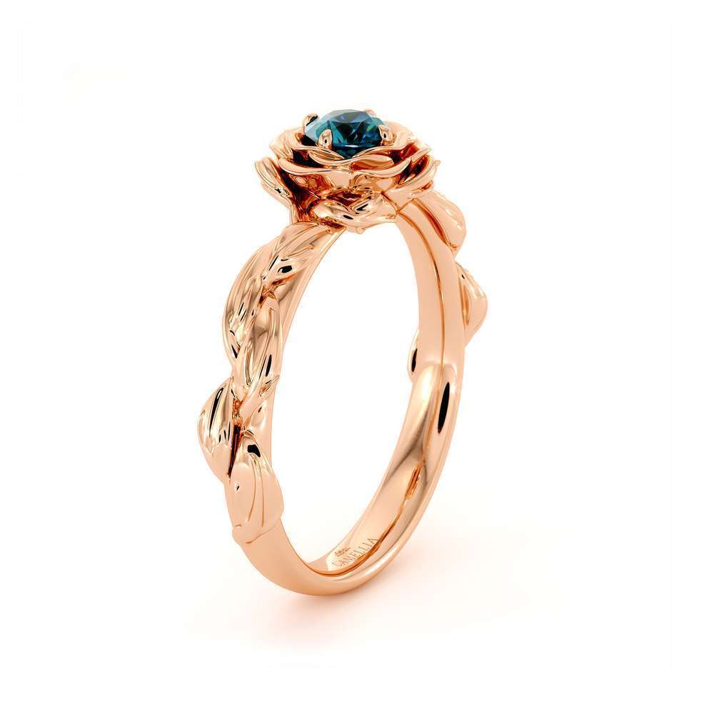 Diamond Engagement Ring Blue Diamond Flower Engagement Ring Rose Gold Leaf Ring Solitaire Diamond Ring