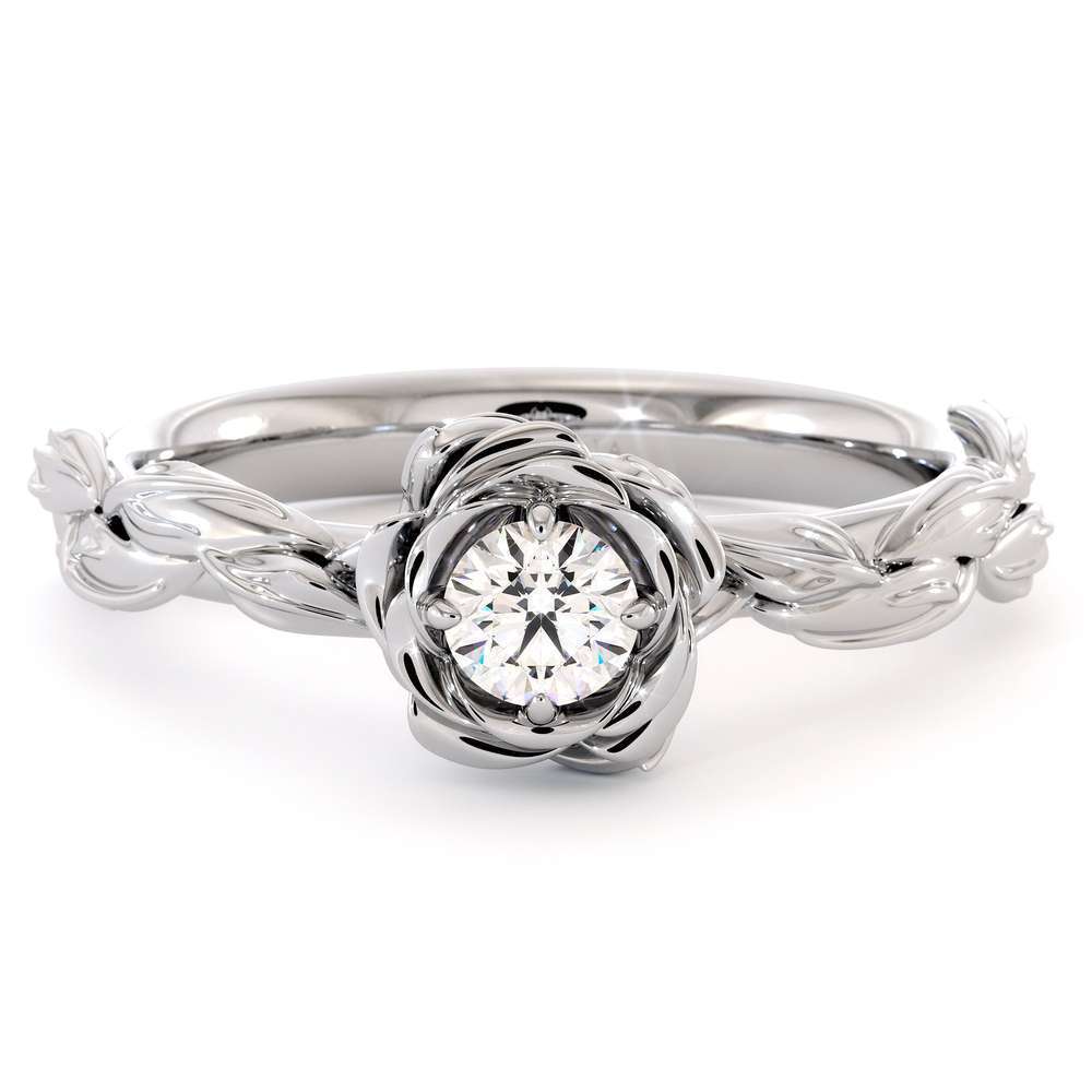 Diamond Engagement Ring Diamond Flower Engagement Ring White Gold Leaf Ring Solitaire Diamond Ring