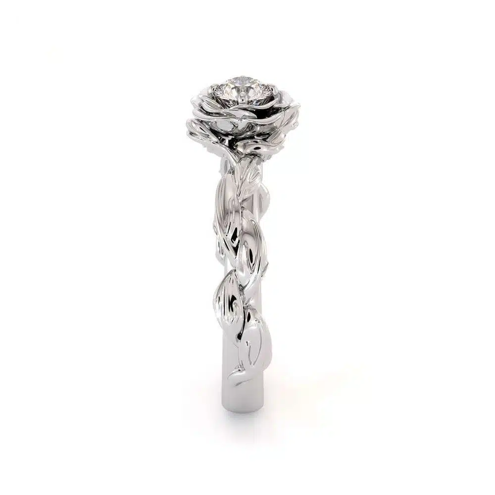 Diamond Engagement Ring Diamond Flower Engagement Ring White Gold Leaf Ring Solitaire Diamond Ring