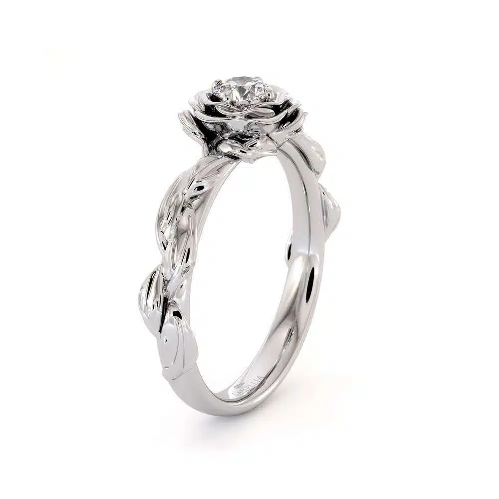 Diamond Engagement Ring Diamond Flower Engagement Ring White Gold Leaf Ring Solitaire Diamond Ring