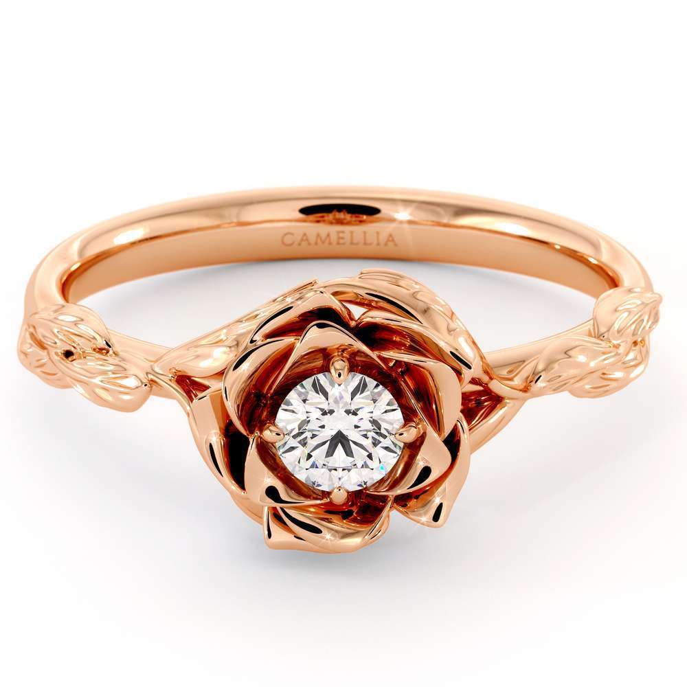 Diamond Engagement Ring Flower Engagement Ring Rose Gold Leaves Ring Solitaire Diamond Ring