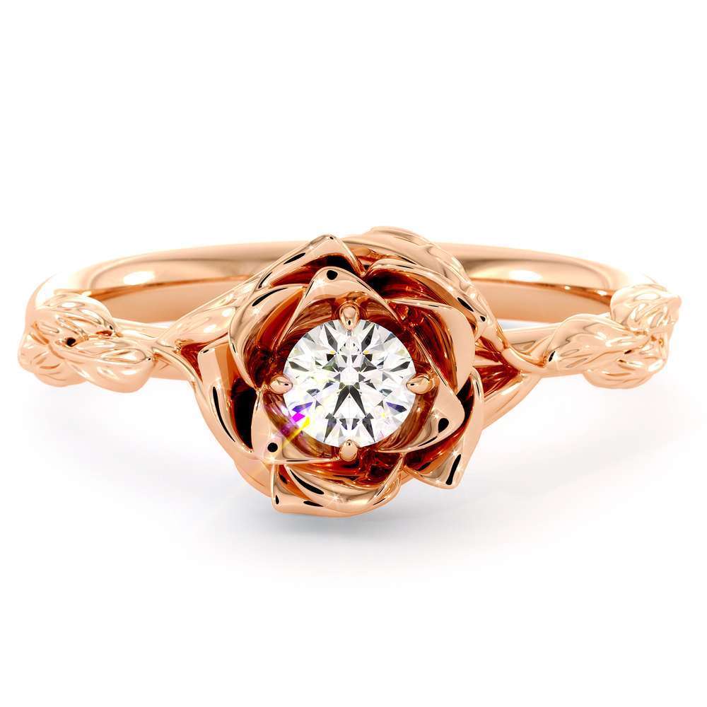 Diamond Engagement Ring Flower Engagement Ring Rose Gold Leaves Ring Solitaire Diamond Ring