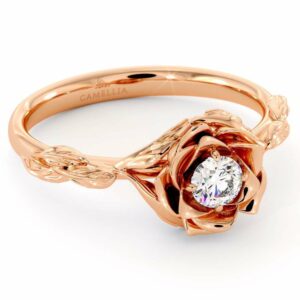 Diamond Engagement Ring Flower Engagement Ring Rose Gold Leaves Ring Solitaire Diamond Ring