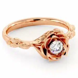 Diamond Engagement Ring Flower Engagement Ring Rose Gold Leaves Ring Solitaire Diamond Ring