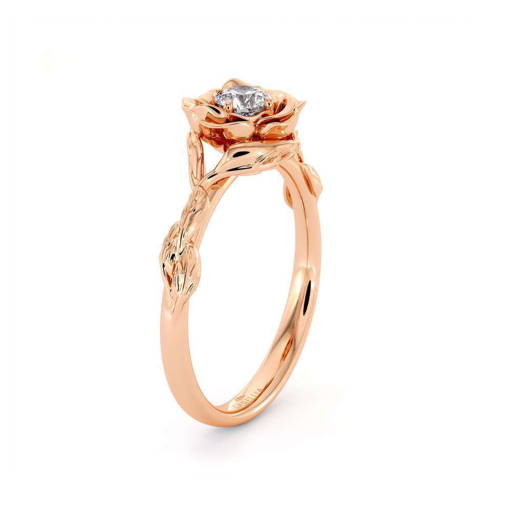 Diamond Engagement Ring Flower Engagement Ring Rose Gold Leaves Ring Solitaire Diamond Ring