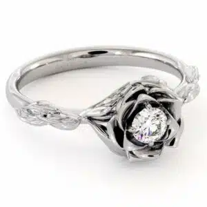 Diamond Engagement Ring Flower Engagement Ring White Gold Leaves Ring Solitaire Diamond Ring