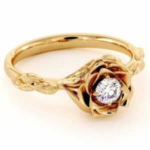Diamond Engagement Ring Flower Engagement Ring Yellow Gold Leaves Ring Solitaire Diamond Ring