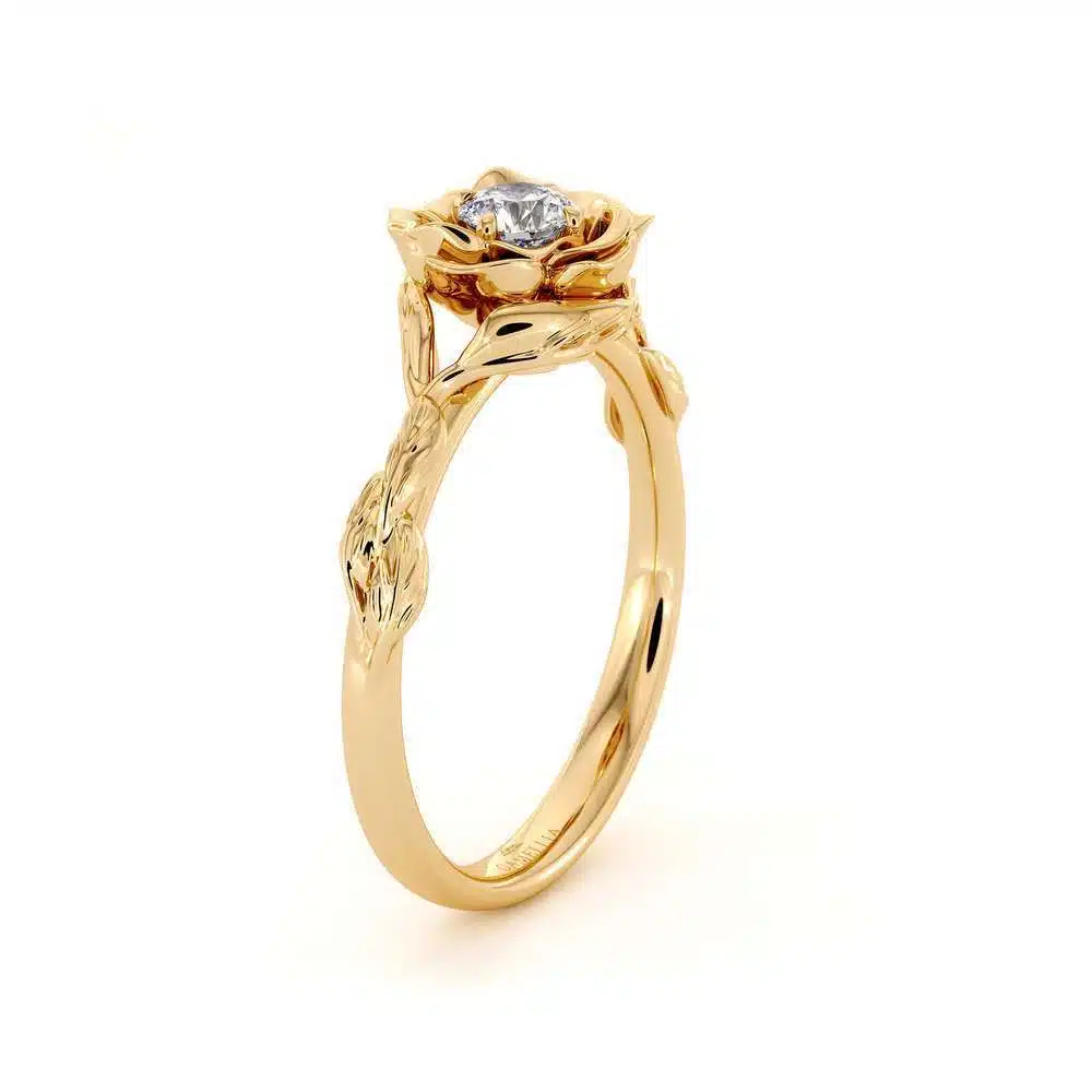 Diamond Engagement Ring Flower Engagement Ring Yellow Gold Leaves Ring Solitaire Diamond Ring 3 Diamond Engagement Ring Flower Engagement Ring Yellow Gold Leaves Ring Solitaire Diamond Ring