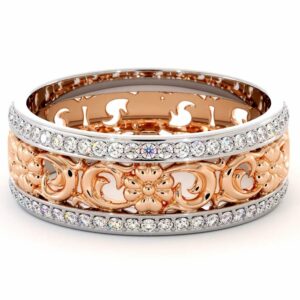 Unique Natural Diamonds Wedding Band 14K Two Tone Gold Ring Unique Wedding Band