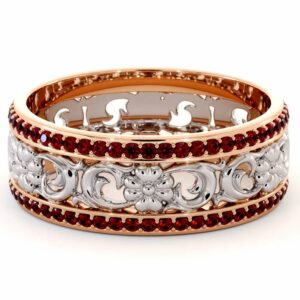 Unique Natural Ruby Wedding Band 14K Two Tone Gold Ring Unique Wedding Band