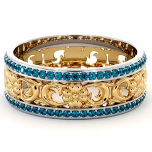 Unique Natural Blue Diamonds Wedding Band 14K Two Tone Gold Ring Unique Wedding Band
