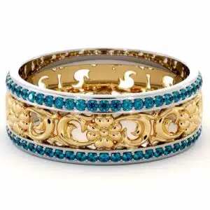 Unique Natural Blue Diamonds Wedding Band 14K Two Tone Gold Ring Unique Wedding Band