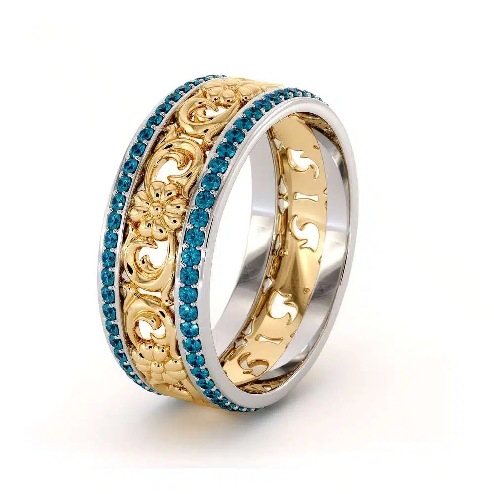 Unique Natural Blue Diamonds Wedding Band 14K Two Tone Gold Ring Unique Wedding Band