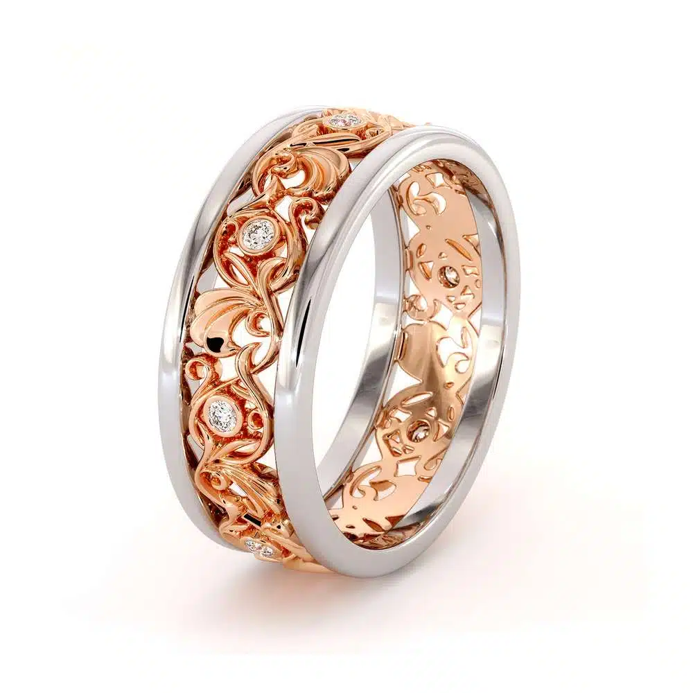 Filigree Women's Wedding Band-Wedding Band Rose & White Gold-14K Two Tone Wedding Ring