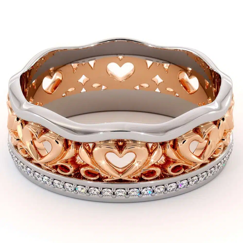Unique Wedding Band 14K Two Tone Gold Ring Unique Heart Wedding Ring
