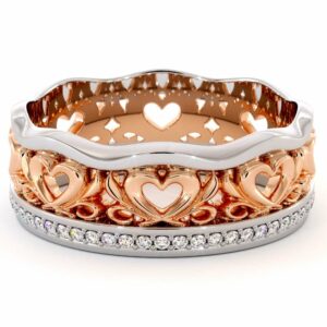 Unique Wedding Band 14K Two Tone Gold Ring Unique Heart Wedding Ring