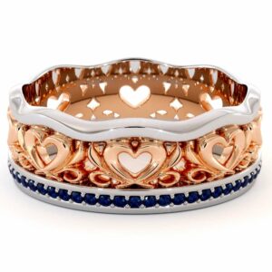 Unique Wedding Band 14K Two Tone Gold Ring Unique Heart Wedding Band