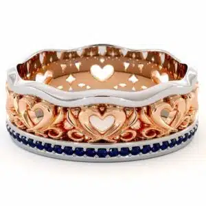 Unique Wedding Band 14K Two Tone Gold Ring Unique Heart Wedding Band