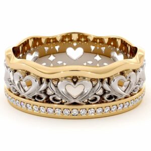 Unique Wedding Band 14K Two Tone Gold Band Unique Heart Wedding Ring