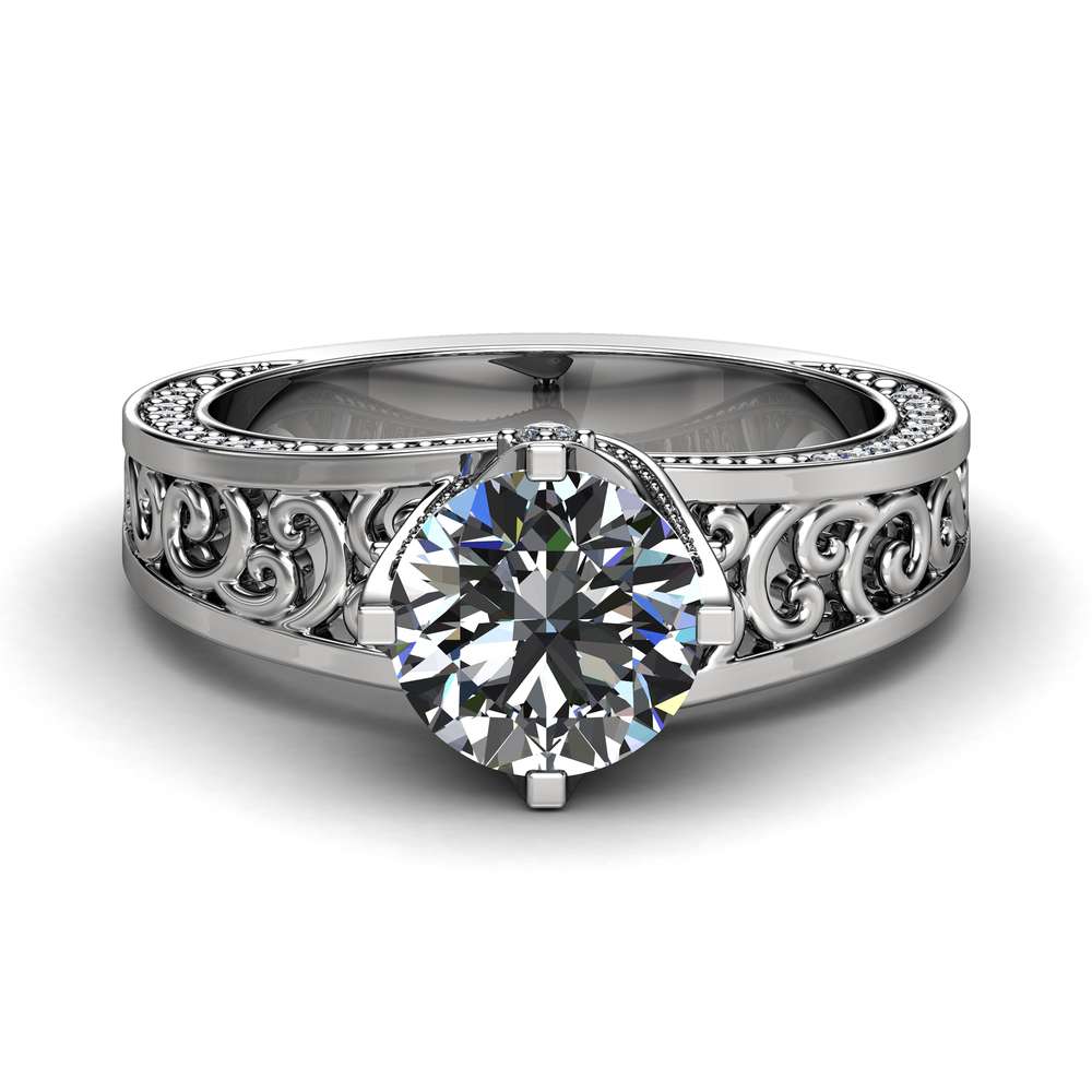 Solid White Gold Moissanite Engagement Ring 2 Carat Moissanite Ring with Diamonds Art Deco Engagement Ring