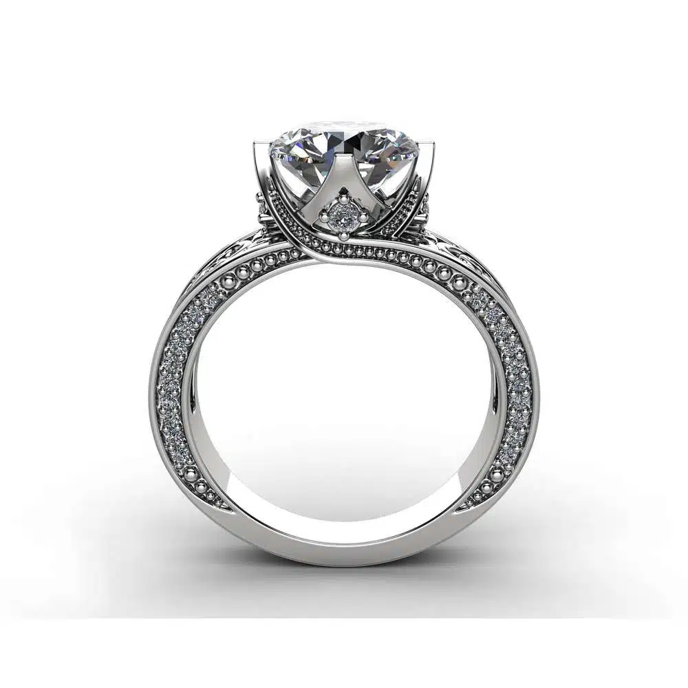 Solid White Gold Moissanite Engagement Ring 2 Carat Moissanite Ring with Diamonds Art Deco Engagement Ring