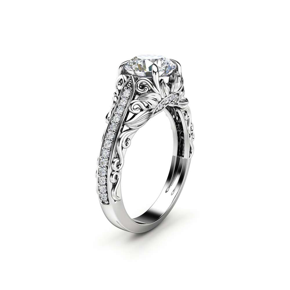 Moissanite Engagement Ring Unique 14K White Gold Ring Filigree Design Engagement Ring 1 Moissanite Engagement Ring Unique 14K White Gold Ring Filigree Design Engagement Ring