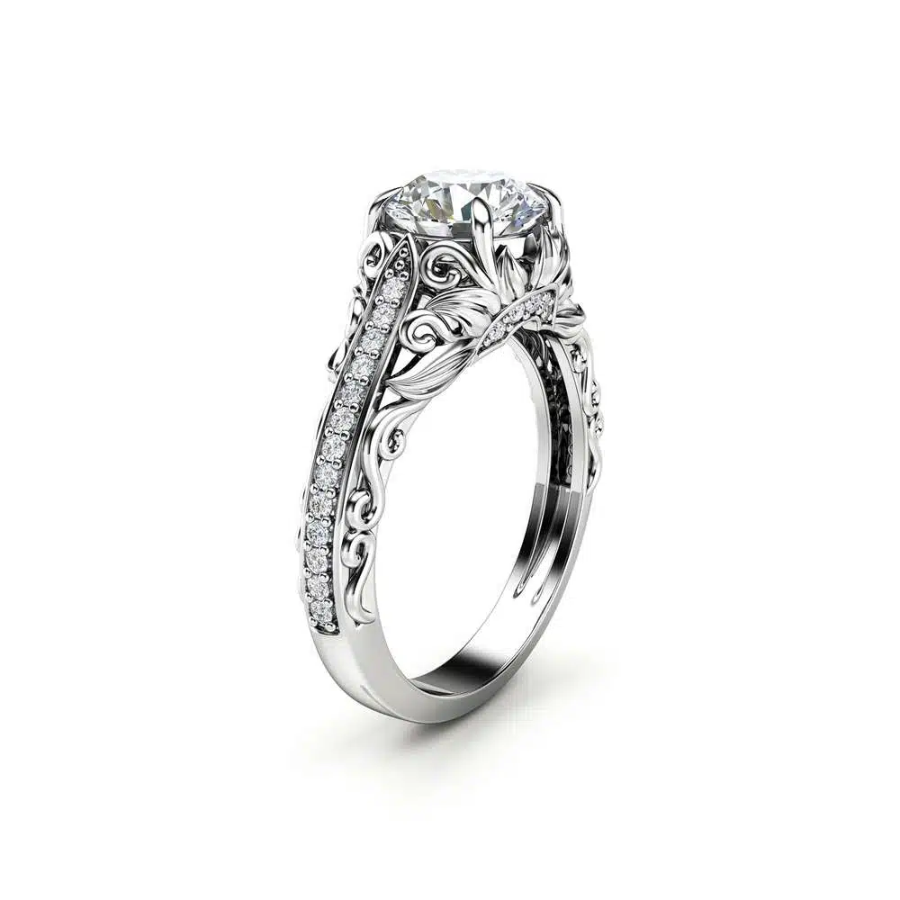 Moissanite Engagement Ring Unique 14K White Gold Ring Filigree Design Engagement Ring 1 Moissanite Engagement Ring Unique 14K White Gold Ring Filigree Design Engagement Ring
