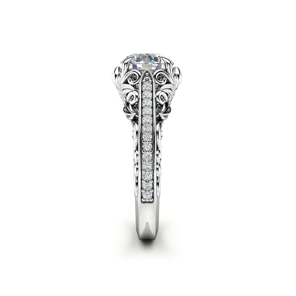 Moissanite Engagement Ring Unique 14K White Gold Ring Filigree Design Engagement Ring 3 Moissanite Engagement Ring Unique 14K White Gold Ring Filigree Design Engagement Ring