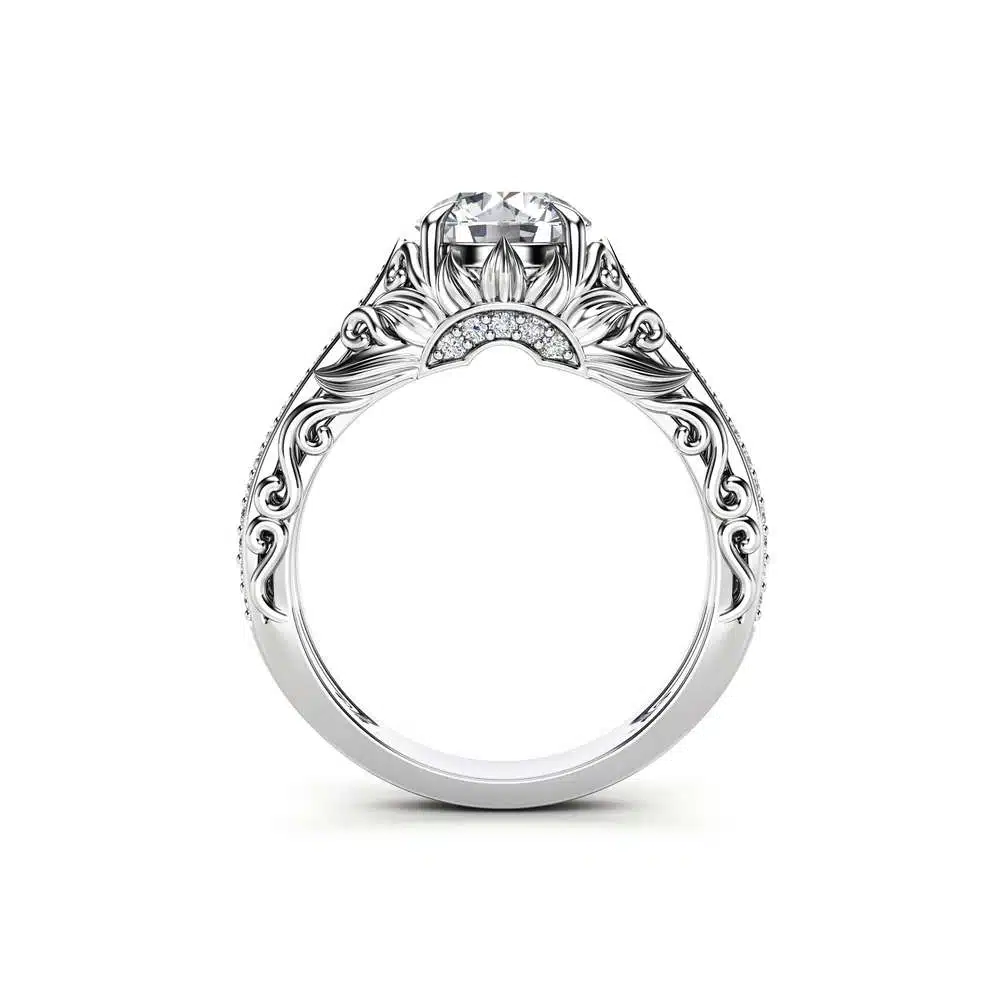 Moissanite Engagement Ring Unique 14K White Gold Ring Filigree Design Engagement Ring 4 Moissanite Engagement Ring Unique 14K White Gold Ring Filigree Design Engagement Ring