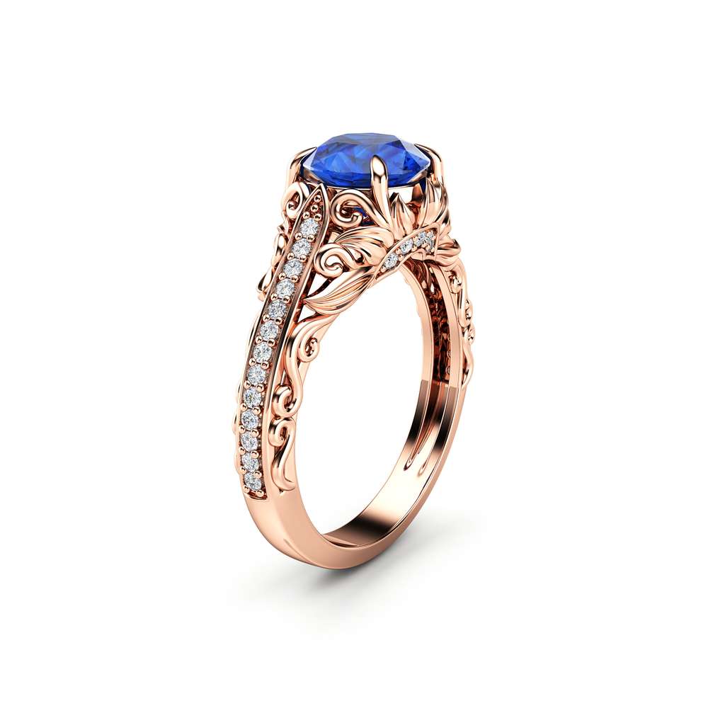 Blue Sapphire Engagement Ring Diamonds Ring 14K Rose Gold Ring September Birthstone