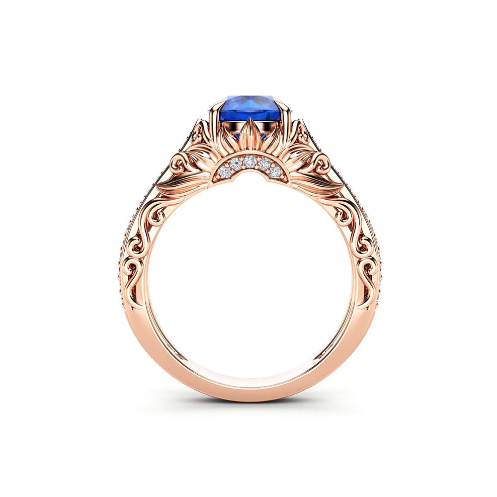 Blue Sapphire Engagement Ring Diamonds Ring 14K Rose Gold Ring September Birthstone