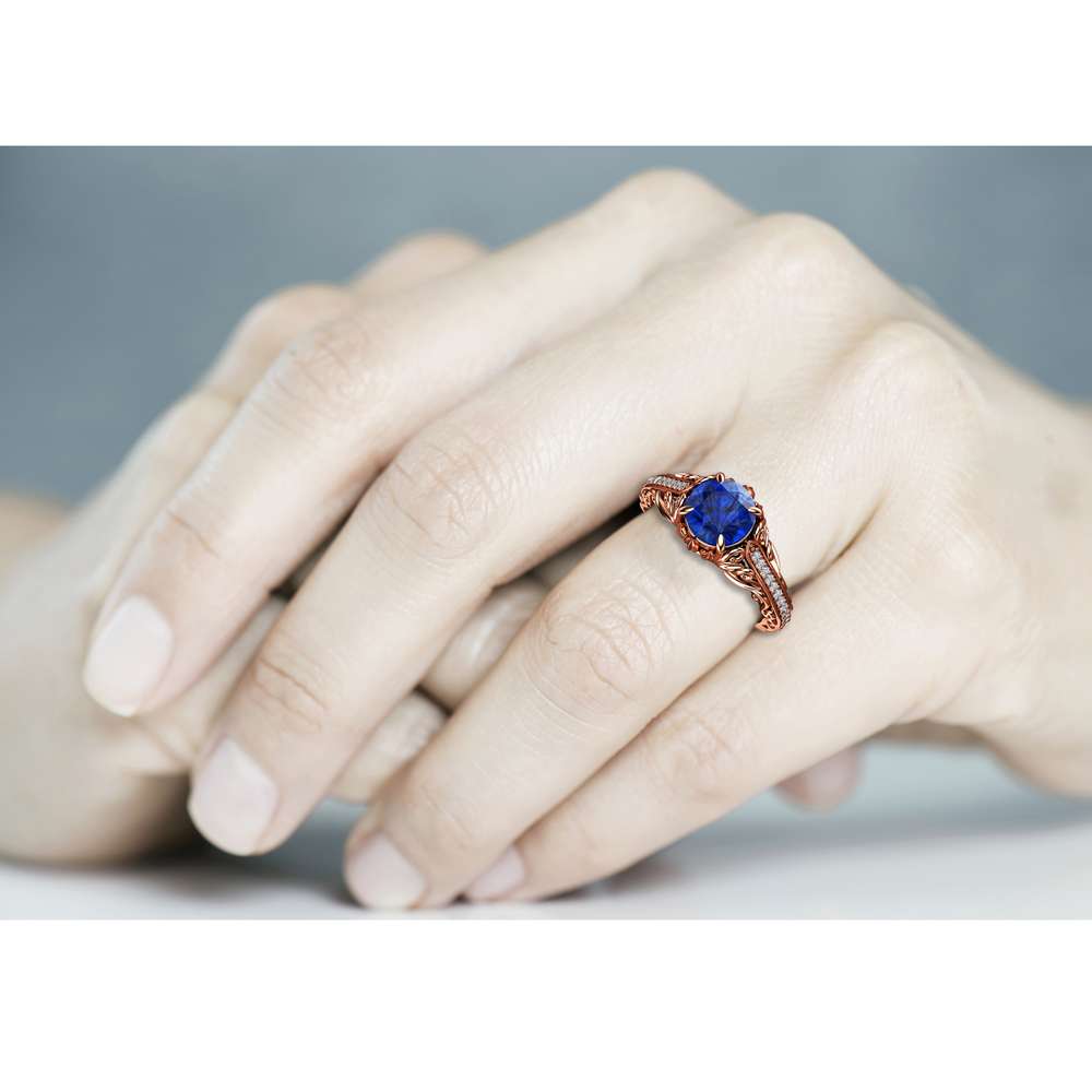 Blue Sapphire Engagement Ring Diamonds Ring 14K Rose Gold Ring September Birthstone