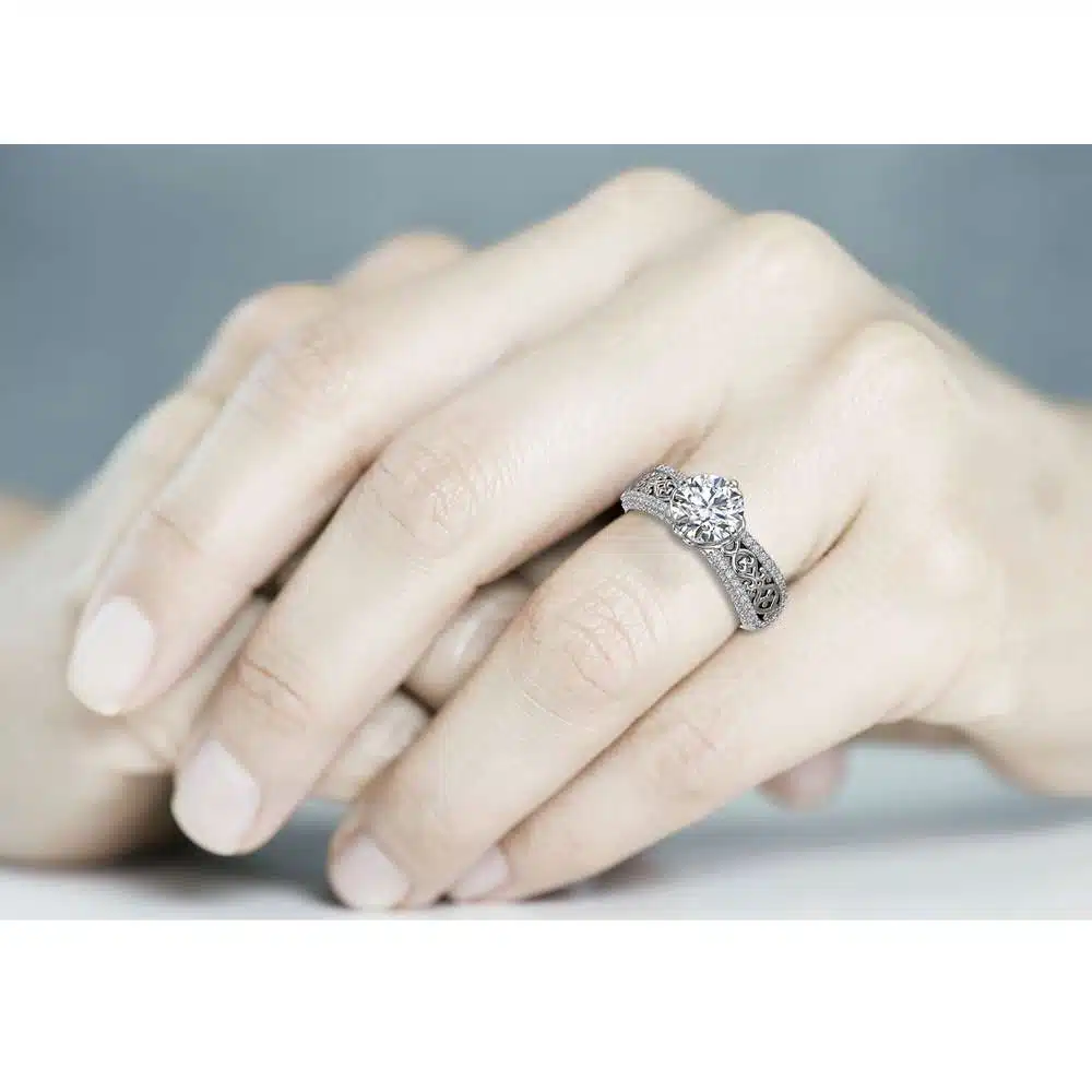 Moissanite Engagement Ring Unique 14K White Gold Ring Art Deco Engagement Ring