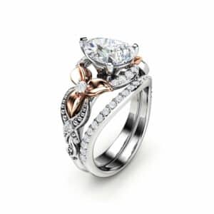 Pear Cut Engagement Ring Set 14K Two Tone Gold Floral Rings Moissanite Ring with Matching Diamond Band