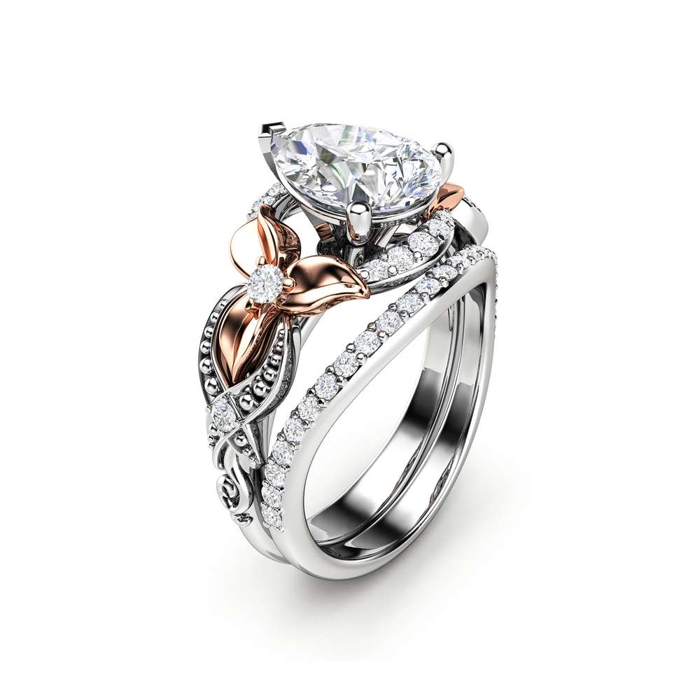 Pear Diamond Engagement Ring Set 14K Two Tone Gold Floral Rings Diamond Ring with Matching Diamond Band