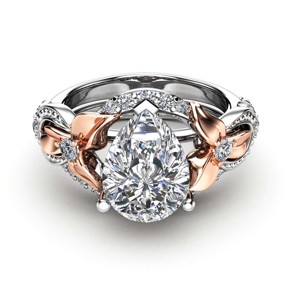 Pear Cut Engagement Ring Set 14K Two Tone Gold Floral Rings Moissanite Ring with Matching Diamond Band