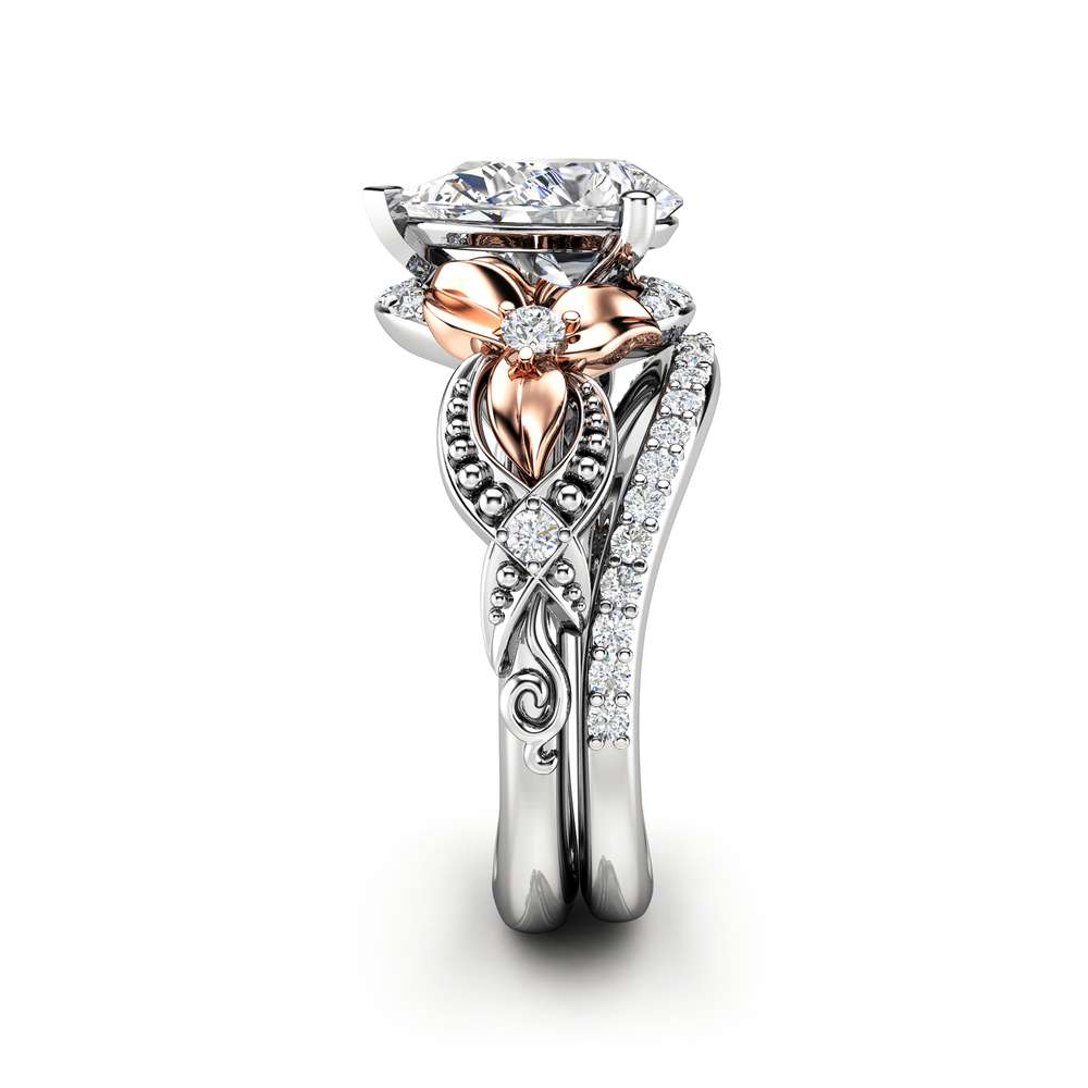 Pear Cut Engagement Ring Set 14K Two Tone Gold Floral Rings Moissanite Ring with Matching Diamond Band