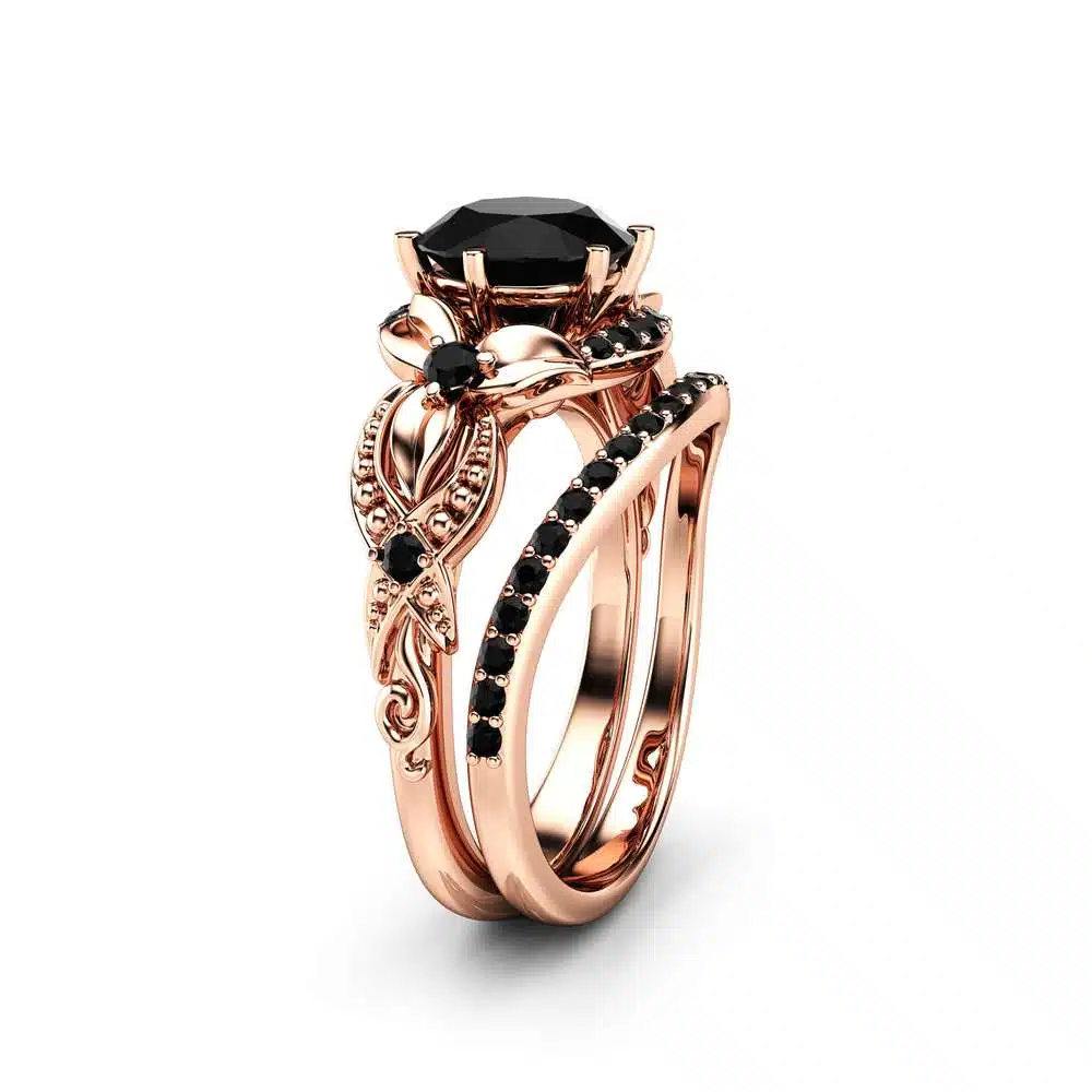 2CT Black Diamond Engagement Ring Set Floral Vintage Matching Rings 14K Two Tone Gold Engagement Rings 1 2CT Black Diamond Engagement Ring Set Floral Vintage Matching Rings 14K Two Tone Gold Engagement Rings