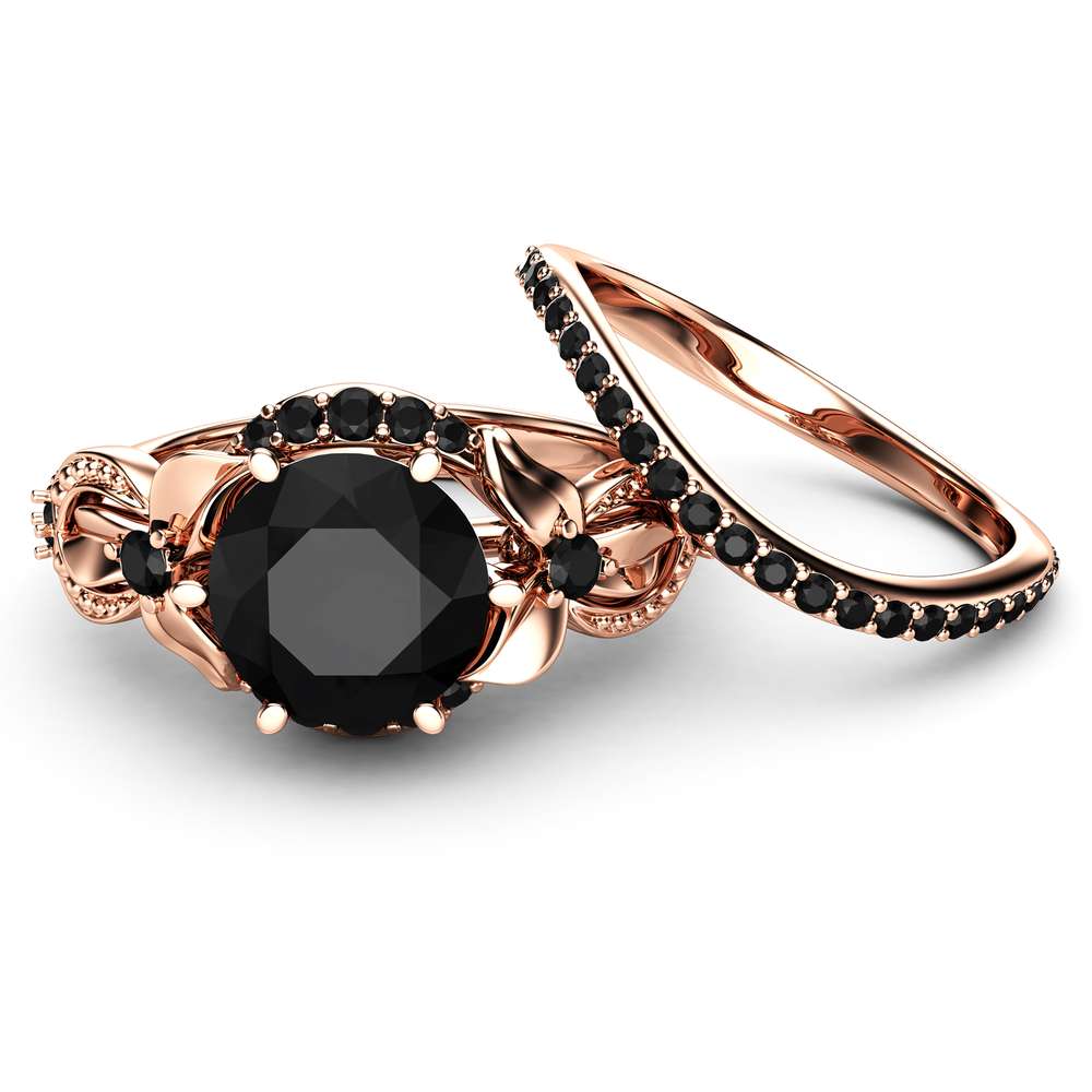 2CT Black Diamond Engagement Ring Set Floral Vintage Matching Rings 14K Two Tone Gold Engagement Rings 2 2CT Black Diamond Engagement Ring Set Floral Vintage Matching Rings 14K Two Tone Gold Engagement Rings